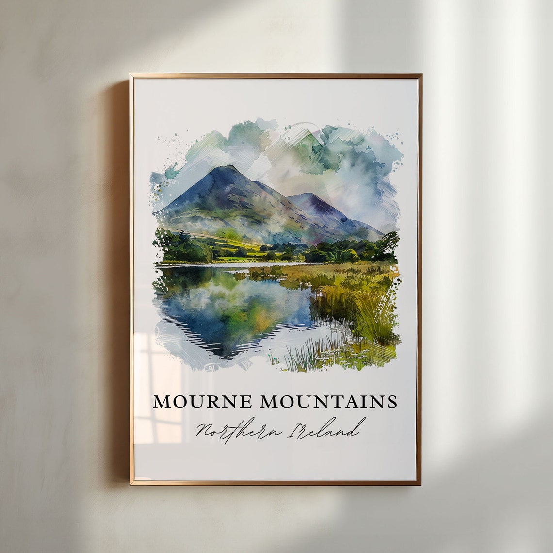 Mourne Mountains Northern Ireland Lake Reflection Watercolor Poster