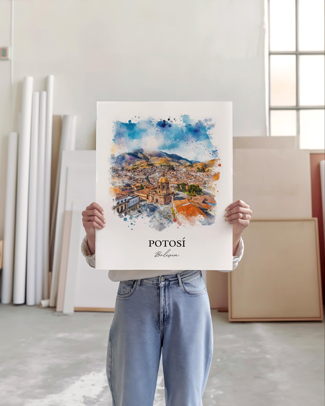 Potosi Bolivia Watercolor Domed Church Mountain Cityscape Poster - Image 2