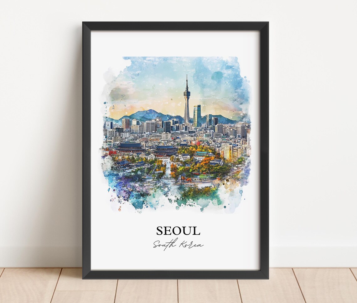 Seoul South Korea Watercolor N Tower Cityscape Travel Poster - Image 3