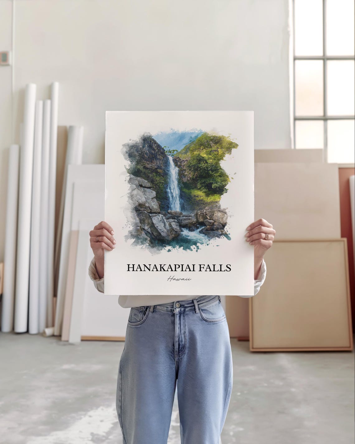 Hanakapiai Falls Hawaii Lush Jungle Cliffs Waterfall Watercolor Poster - Image 4