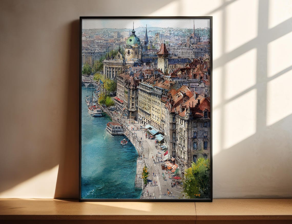 European Riverside Old Town Boats Watercolor Cityscape Poster