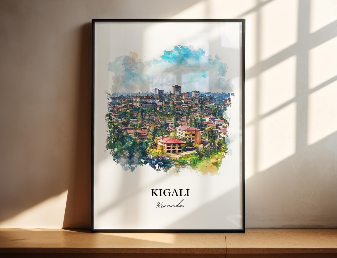 Kigali Rwanda Green Hills City View Watercolor Travel Poster