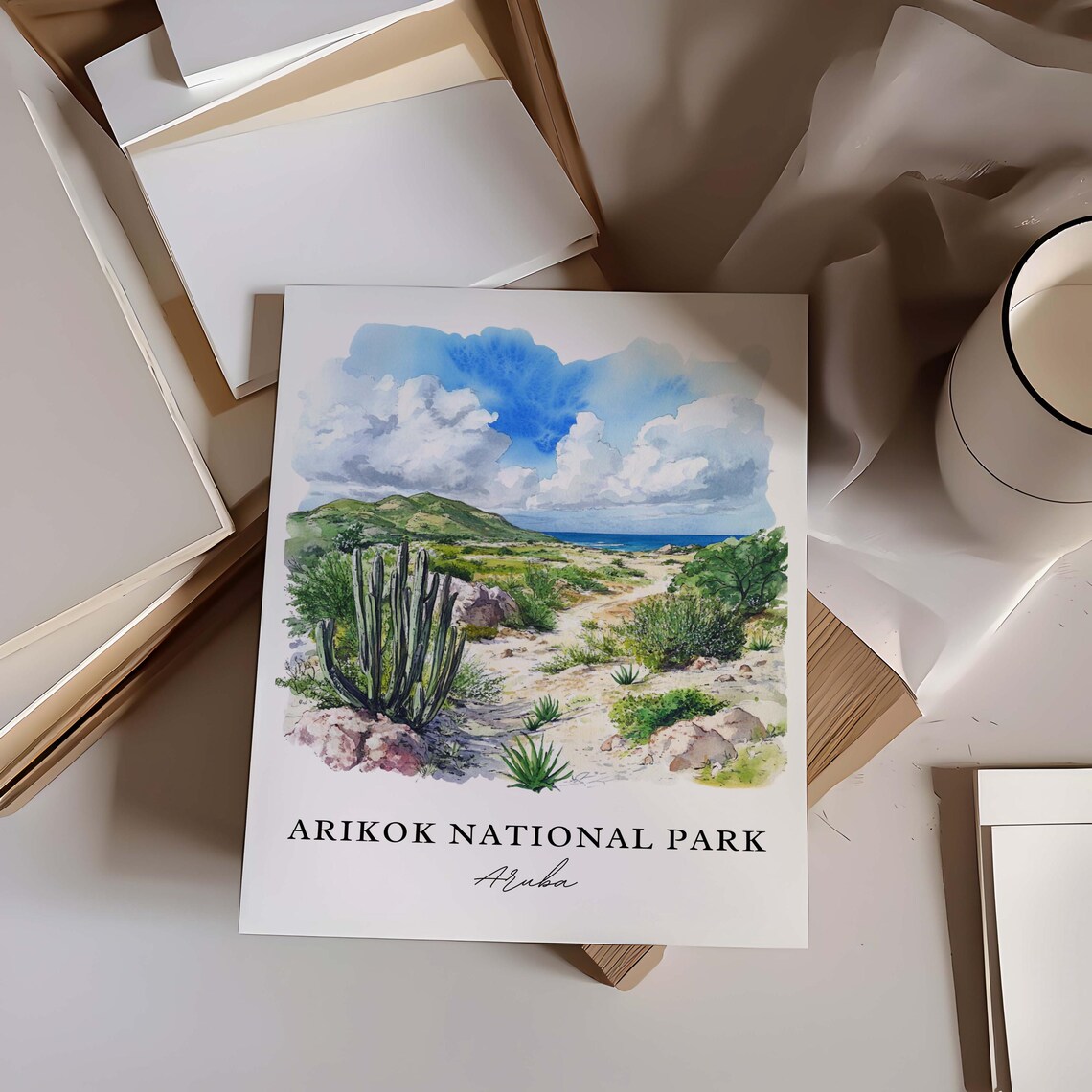 Arikok National Park Aruba Sunny Desert Cactus Watercolor Poster - Image 6