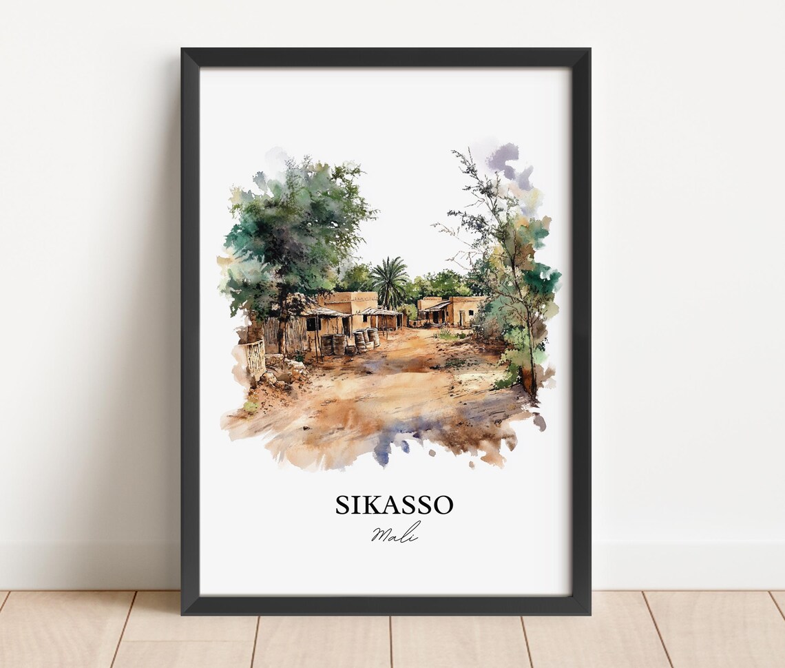 Sikasso Mali Rural Village Watercolor Street Scene Art Poster - Image 3