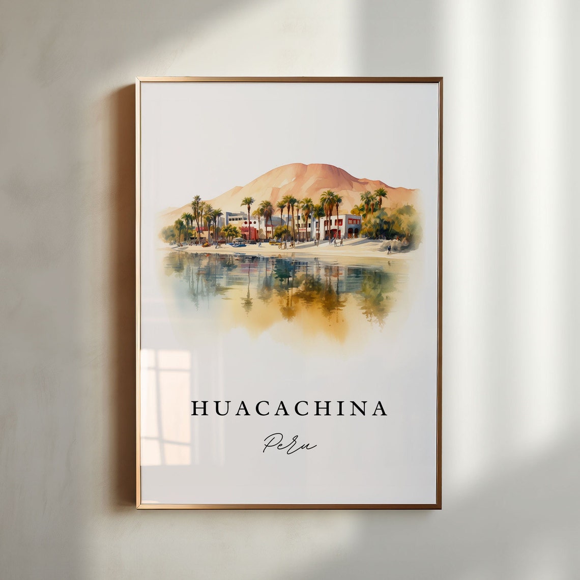 Huacachina Peru Desert Oasis Lagoon Palm Trees Watercolor Poster