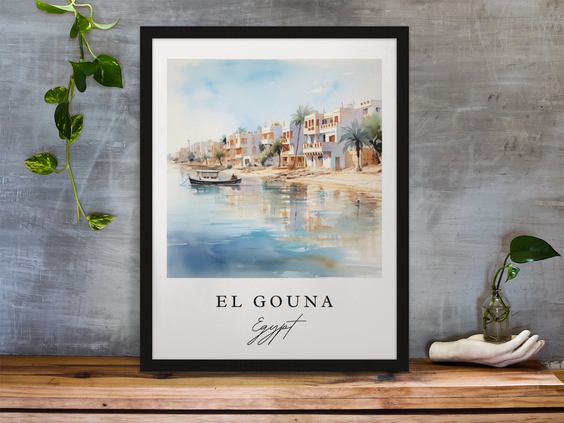 El Gouna Egypt Watercolor Of Resort Lagoon With Boat And Palms Poster