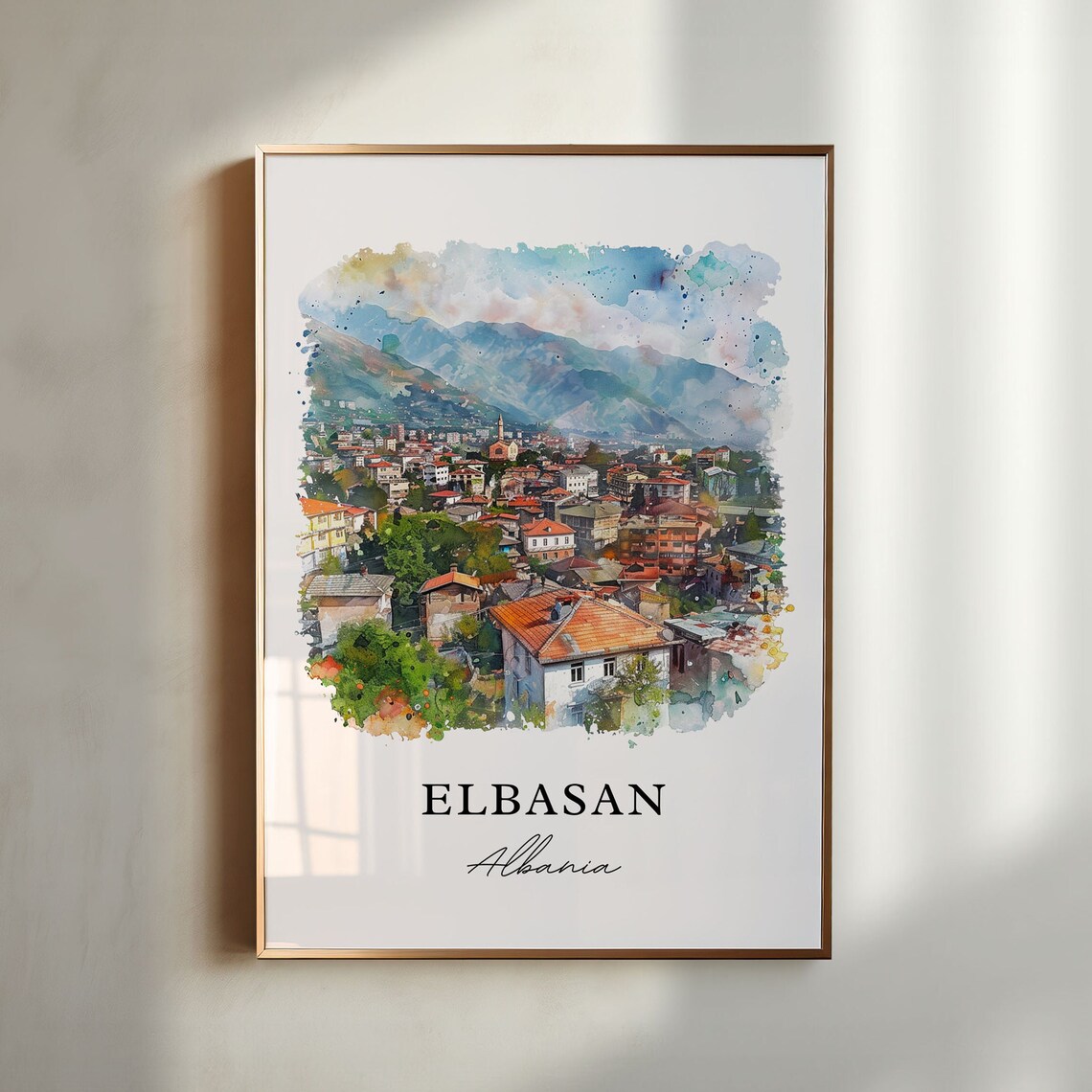 Elbasan Albania Mountain City Rooftops Watercolor Travel Poster