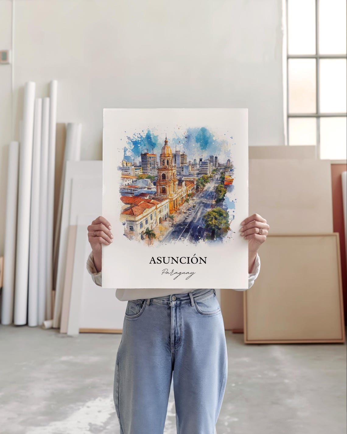 Asuncion Paraguay Watercolor City Skyline Cathedral View Poster - Image 4