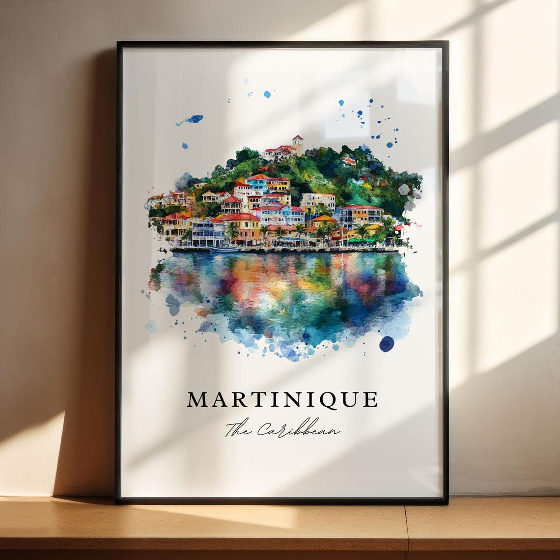Martinique Caribbean Harbor Town Watercolor Island Scene Poster