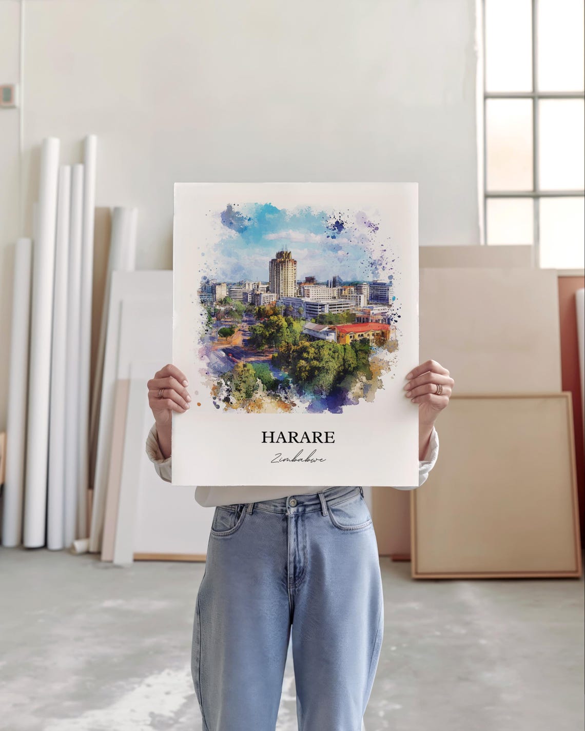 Harare Zimbabwe City Skyline Downtown View Watercolor Poster - Image 4