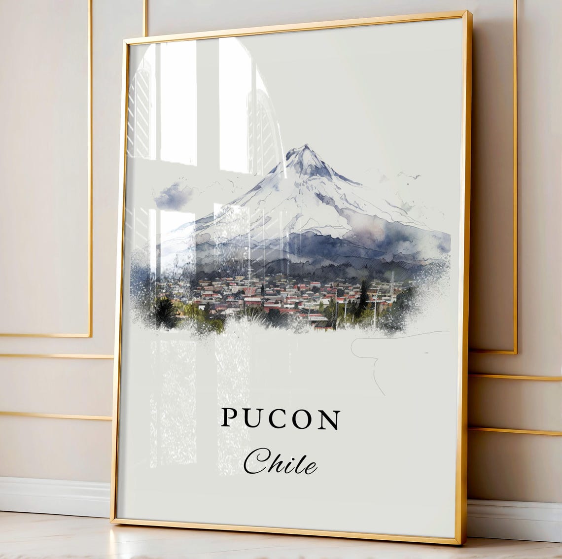 Pucon Chile Watercolor Snowy Volcano and Lakeside Town Art Poster - Image 4