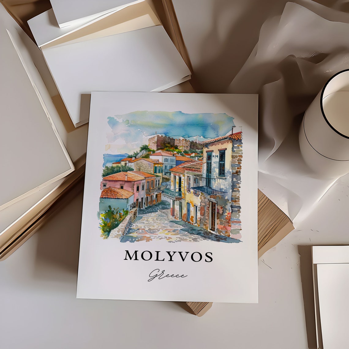 Molyvos Greece Cobblestone Street Castle Watercolor Village Poster - Image 6
