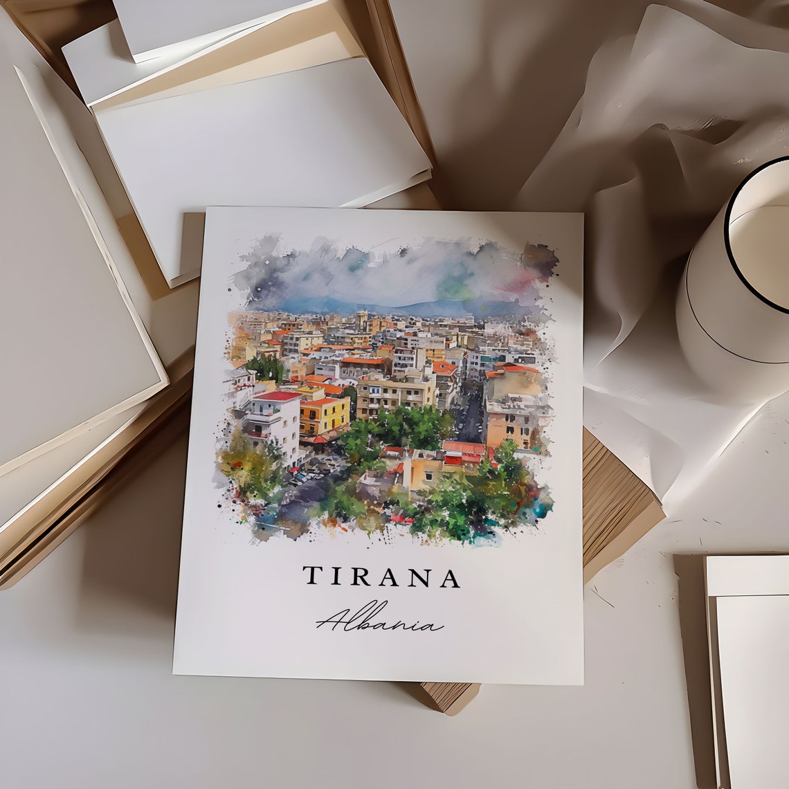 Tirana Albania Colorful Watercolor City View Travel Souvenir Poster - Image 6