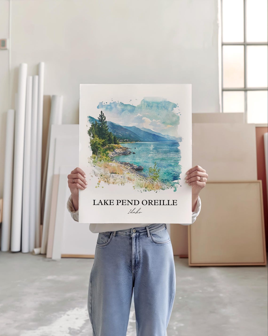 Lake Pend Oreille Idaho Watercolor Rocky Shore Mountain Scene Poster - Image 3