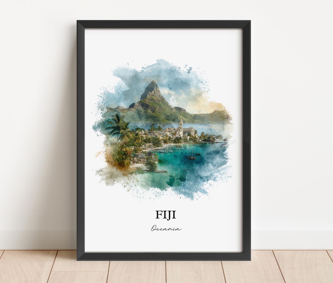 Fiji Oceania Tropical Mountain Harbor Town Watercolor Travel Poster - Image 4