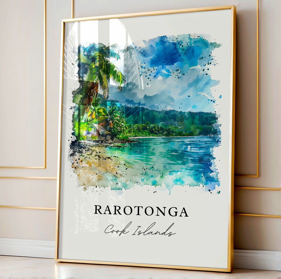 Rarotonga Cook Islands Palm Beach Lagoon Watercolor Art Print - Image 4