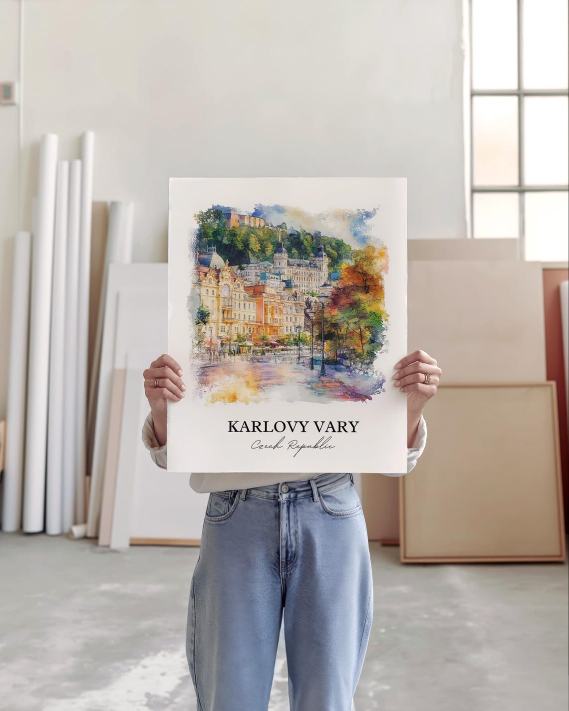 Karlovy Vary Czech Republic Watercolor Spa Town Scene Travel Poster - Image 4