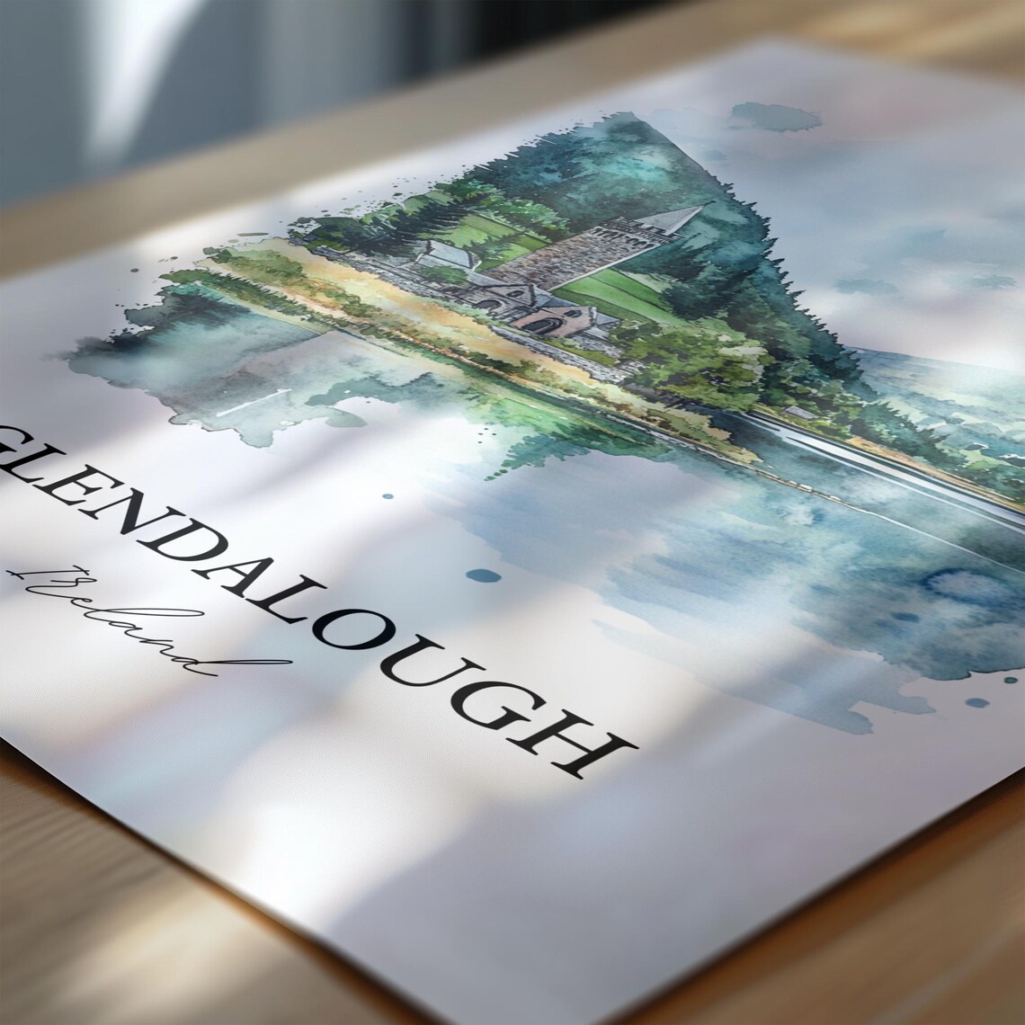 Glendalough Ireland Round Tower Lake Watercolor Travel Poster - Image 6
