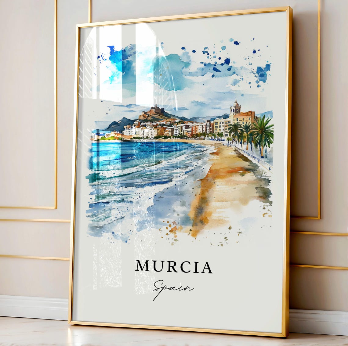 Murcia Spain Watercolor Sunny Beach Promenade Scene Travel Poster - Image 4