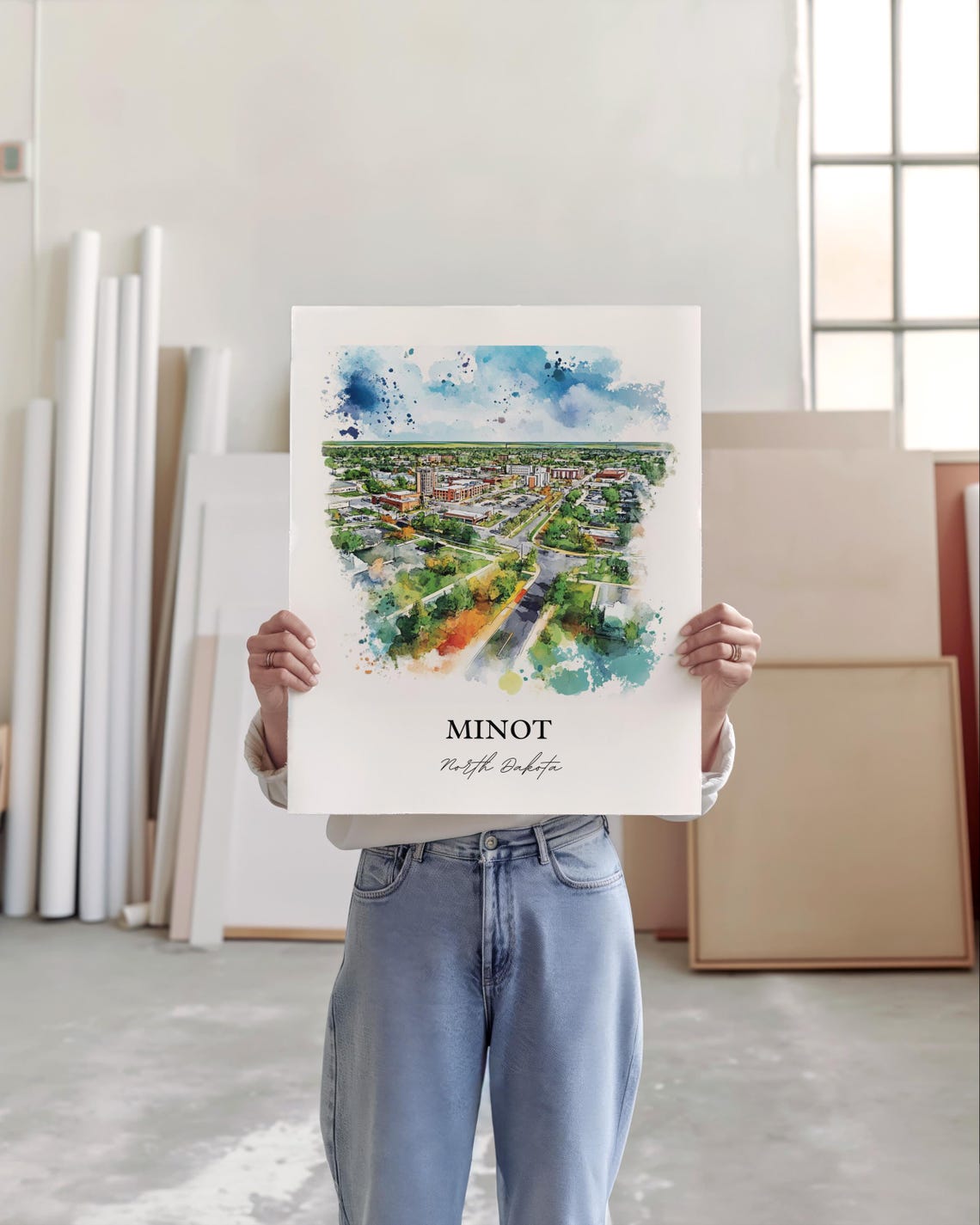 Minot North Dakota Watercolor Downtown Aerial City View Poster - Image 3