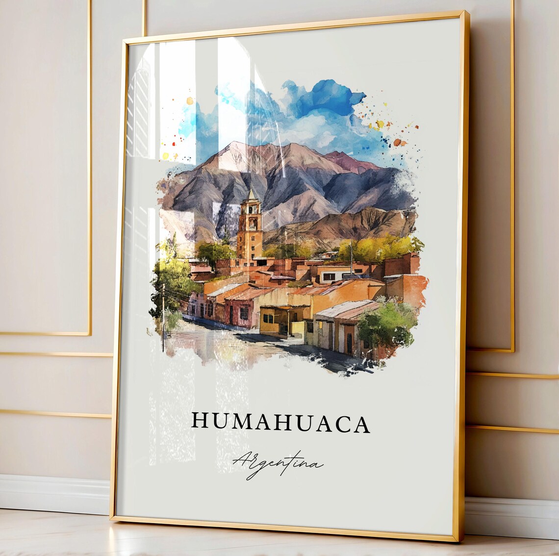 Humahuaca Argentina Watercolor Church Mountain Town Scene Poster - Image 3