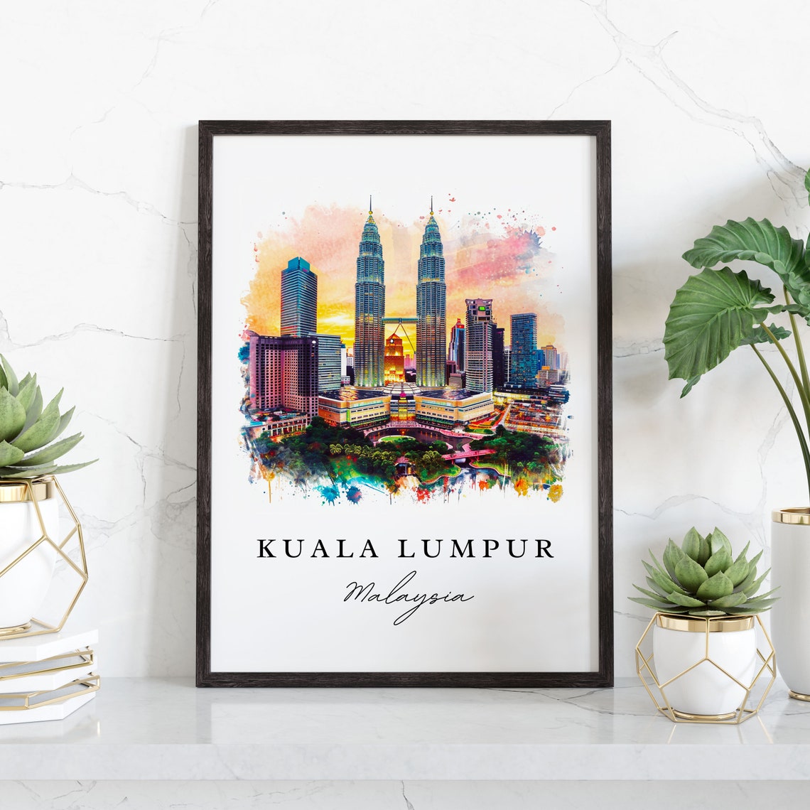 Kuala Lumpur Malaysia Watercolor Petronas Towers Sunset Poster - Image 3