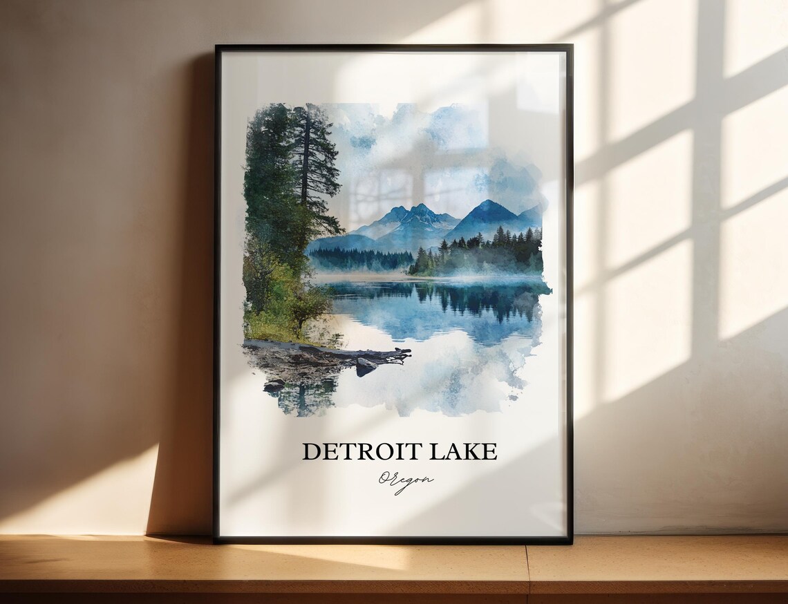 Detroit Lake Oregon Misty Mountain Lake Watercolor Travel Poster