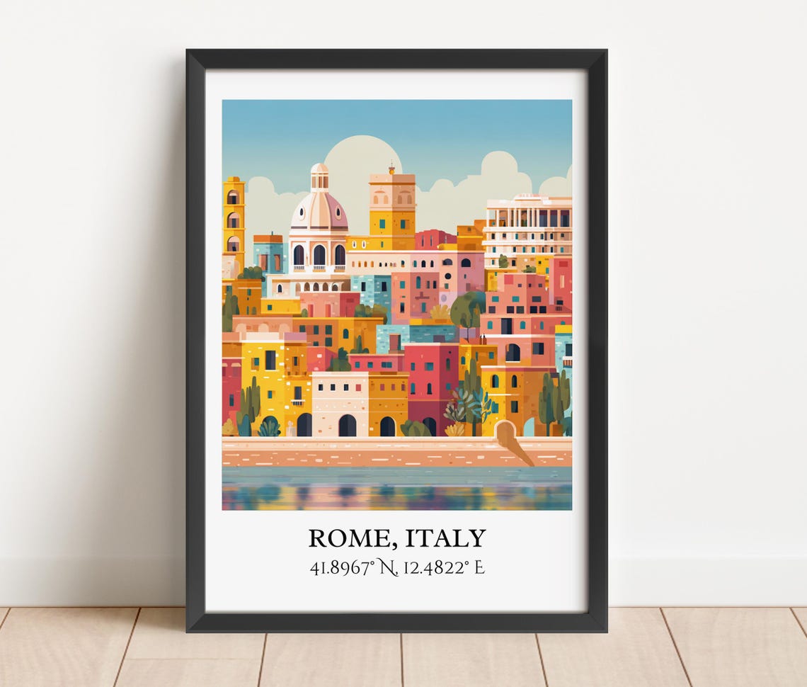 Rome Italy Colorful Old Town Dome Riverbank Retro Travel Art Poster - Image 3