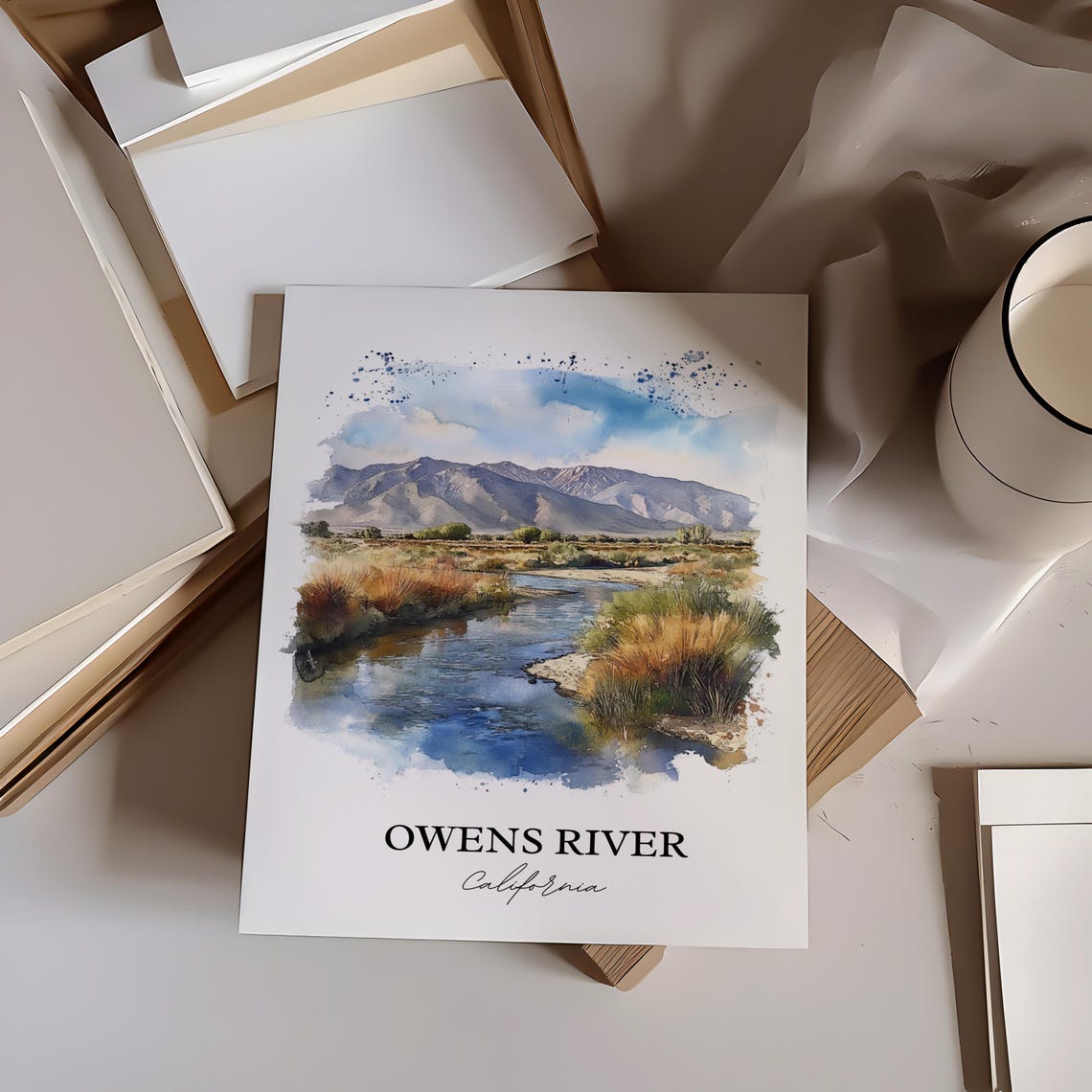 Owens River California Golden Meadow Mountain Watercolor Poster - Image 2