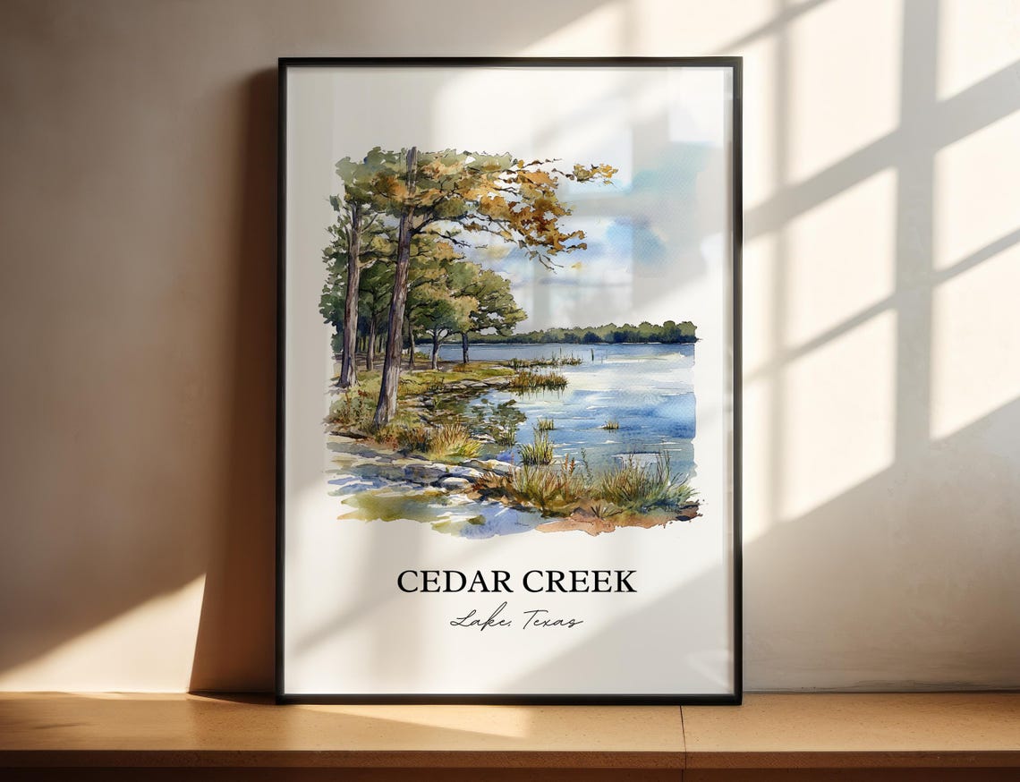 Cedar Creek Lake Texas Pine Shoreline Scenic Watercolor Poster