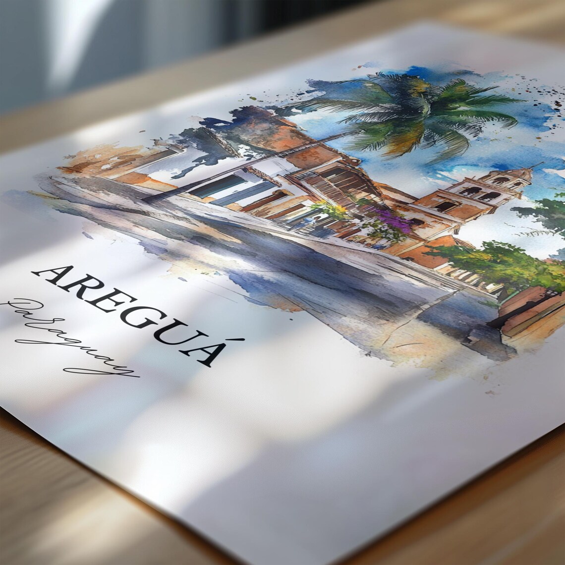 Aregua Paraguay Watercolor Colonial Street Palm Church Tower Poster - Image 6