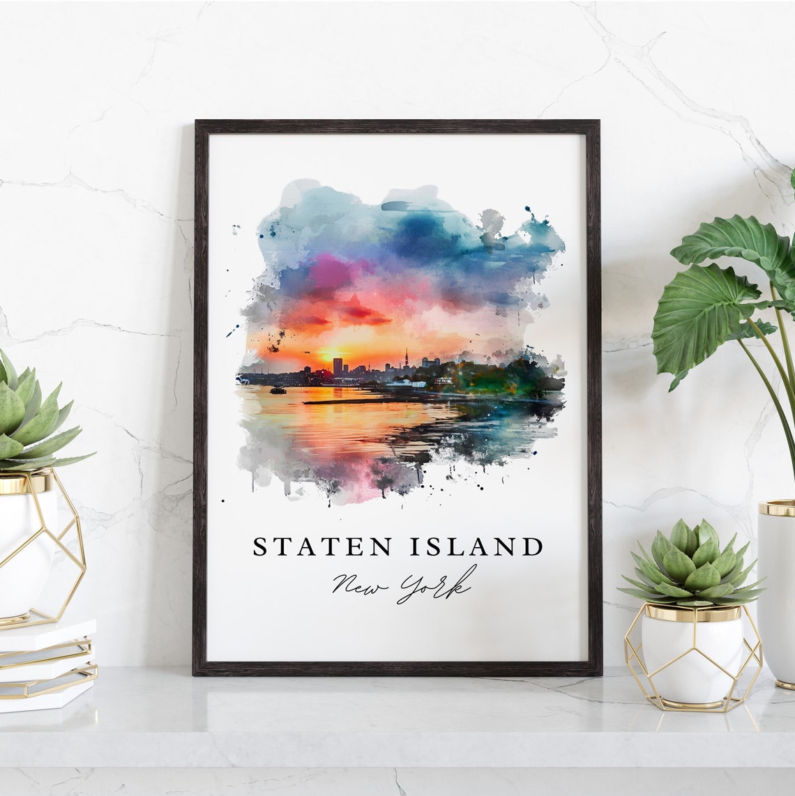 Staten Island New York Watercolor Sunset Skyline Harbor Poster - Image 3
