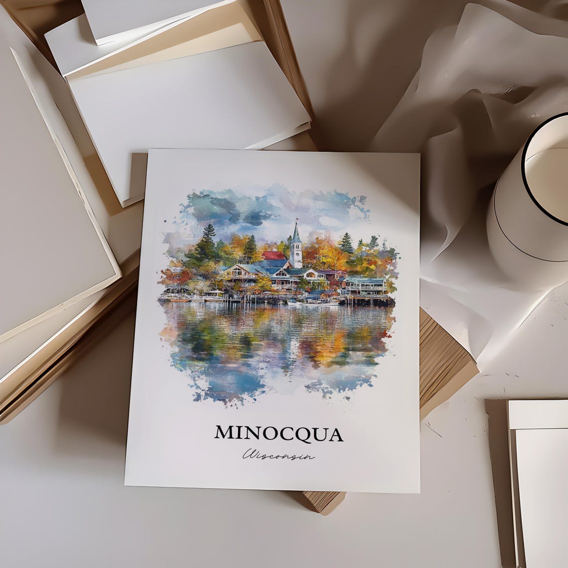 Minocqua Wisconsin Watercolor Lakeside Village Church Steeple Poster - Image 4