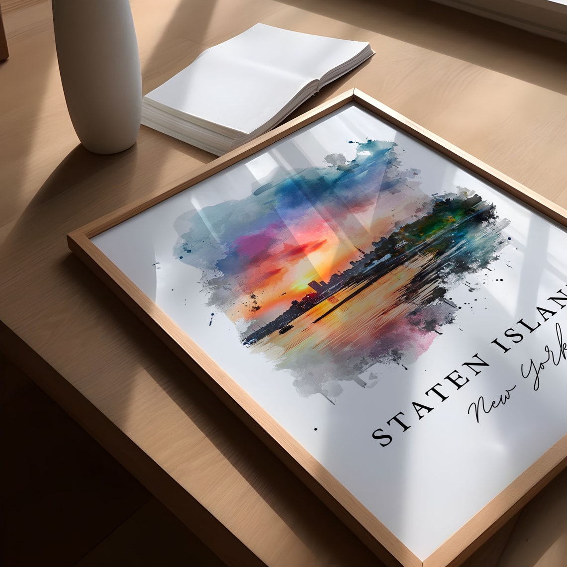 Staten Island New York Watercolor Sunset Skyline Harbor Poster - Image 5