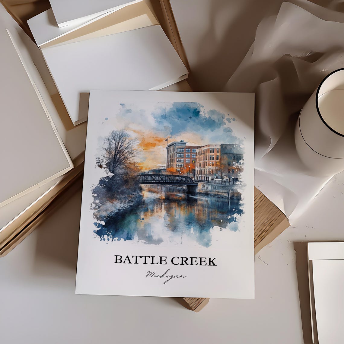 Battle Creek Michigan Watercolor River Bridge Sunset Scene Poster - Image 5