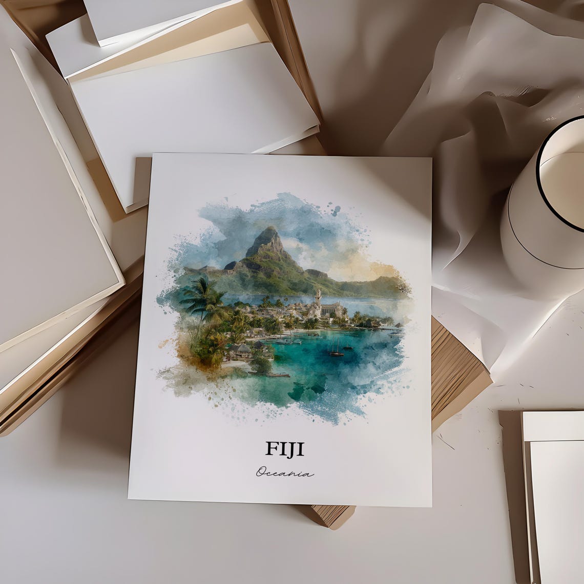 Fiji Oceania Tropical Mountain Harbor Town Watercolor Travel Poster - Image 2