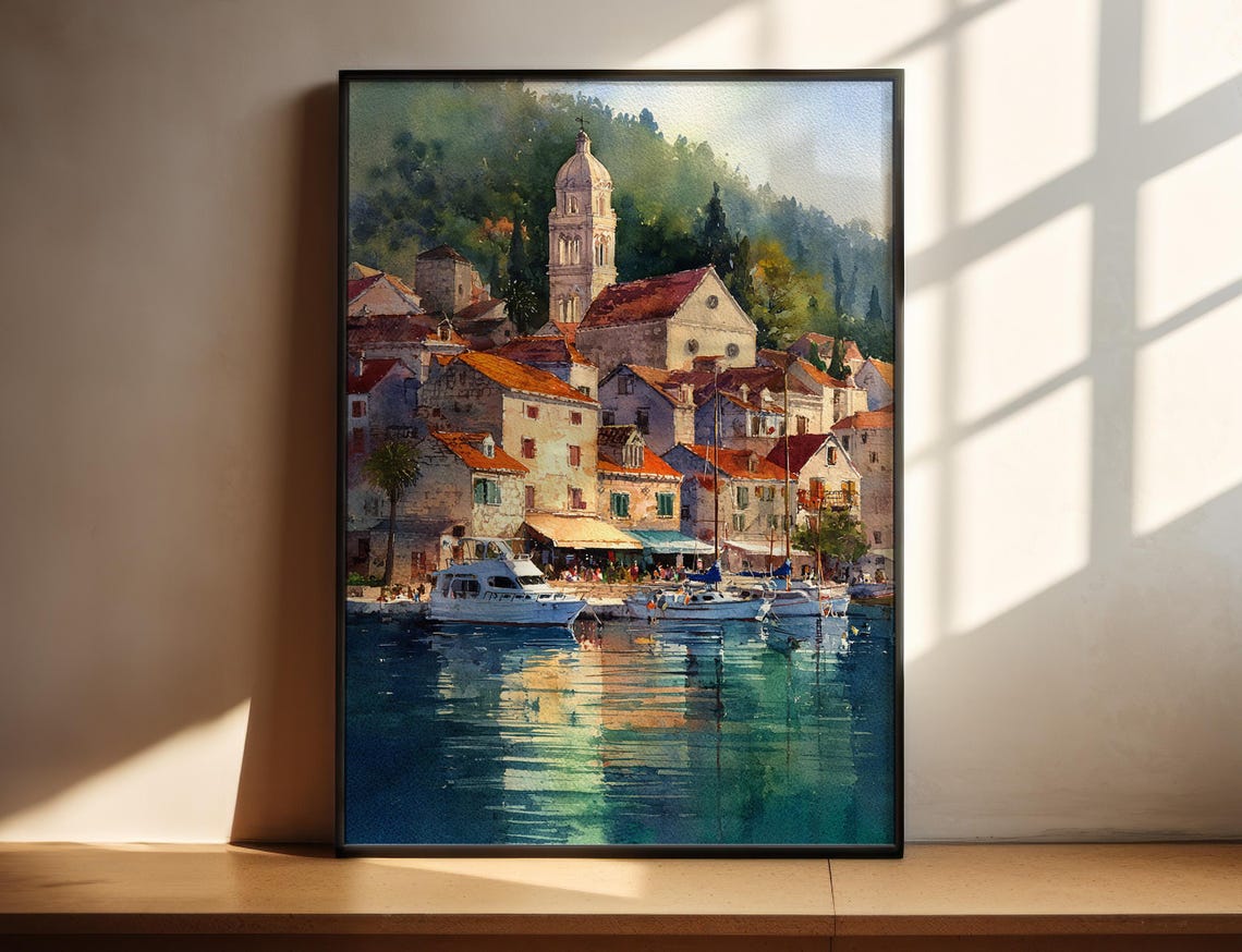 Hvar Croatia Harbor Church Bell Tower Watercolor Travel Poster