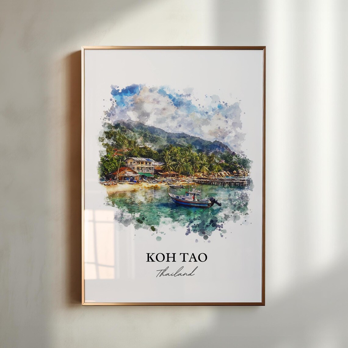 Koh Tao Thailand Watercolor Tropical Beach Fishing Boat Art Poster