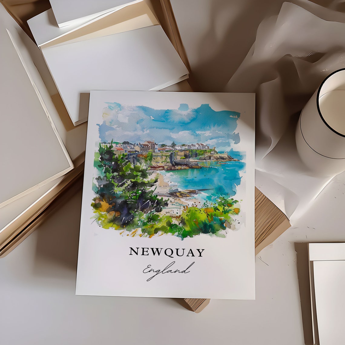 Newquay England Cornwall Coastal Cliffs Beach Watercolor Poster - Image 6