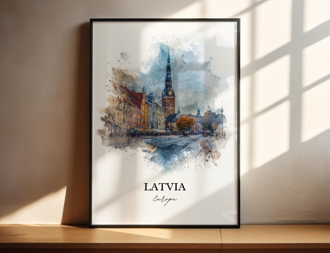 Latvia Riga Old Town Church Tower Watercolor Europe Travel Poster