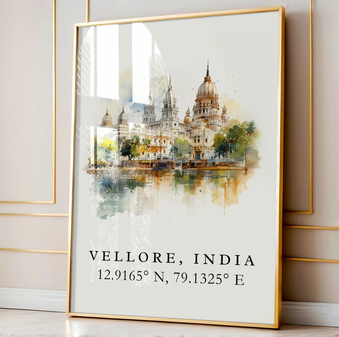 Vellore India Coordinates Golden Temple Reflection Watercolor Poster - Image 3
