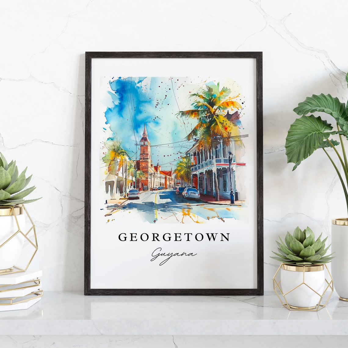 Georgetown Guyana Colonial Street Watercolor City Scene Poster - Image 3