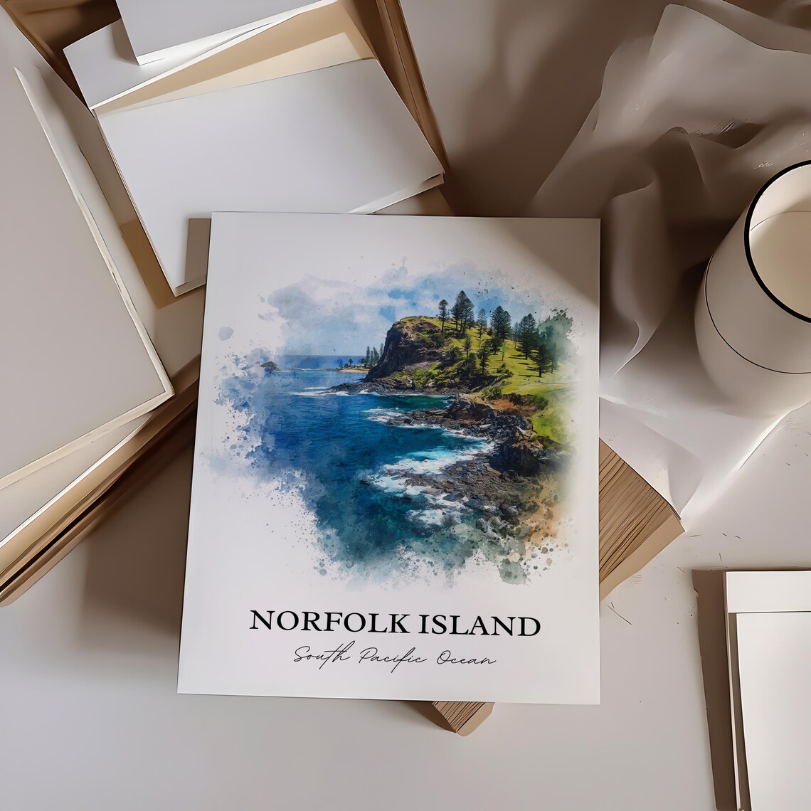 Norfolk Island South Pacific Ocean Cliffs Headland Watercolor Poster - Image 5