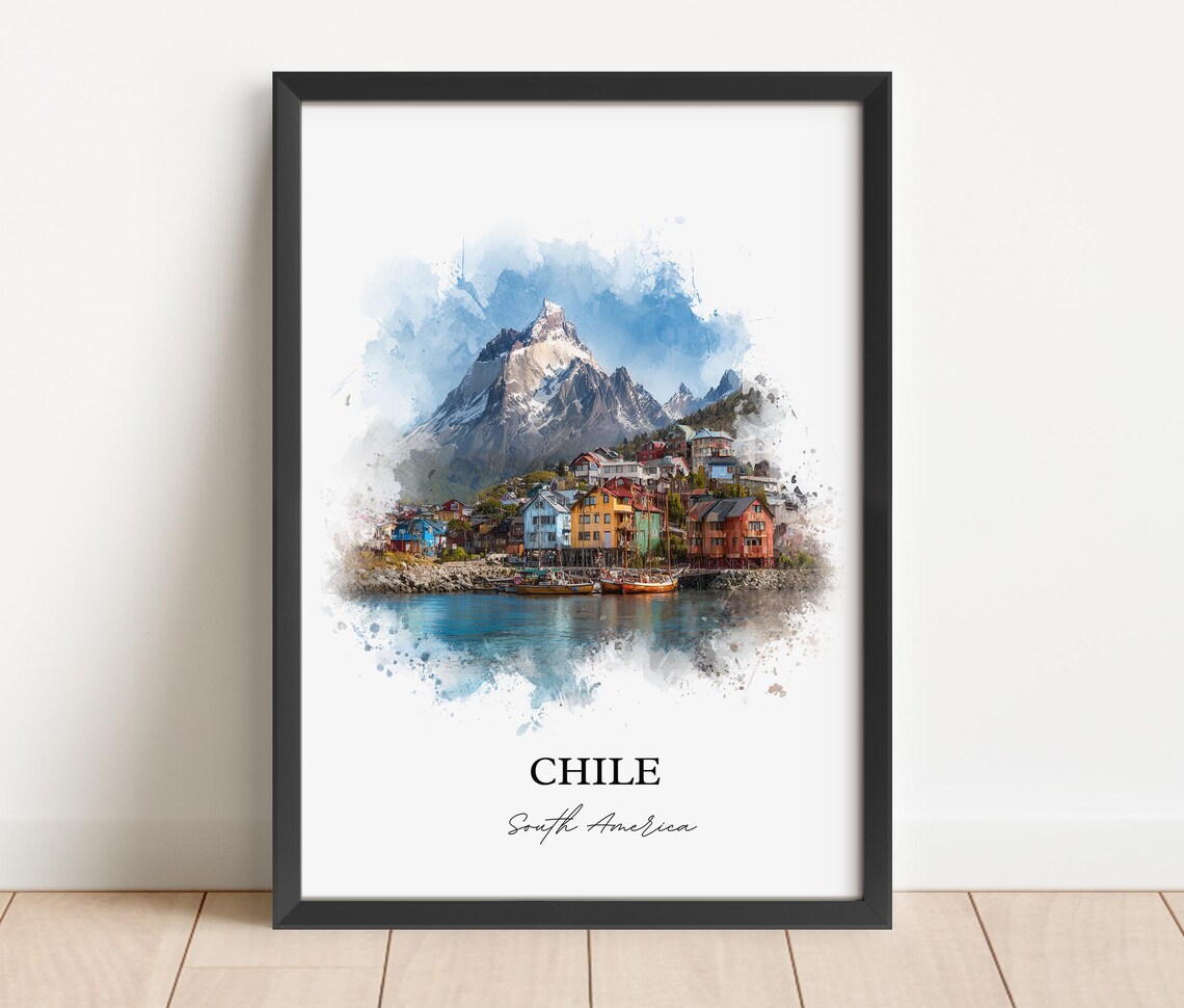 Chile Watercolor Snowy Peaks Fishing Port Town Travel Poster - Image 4