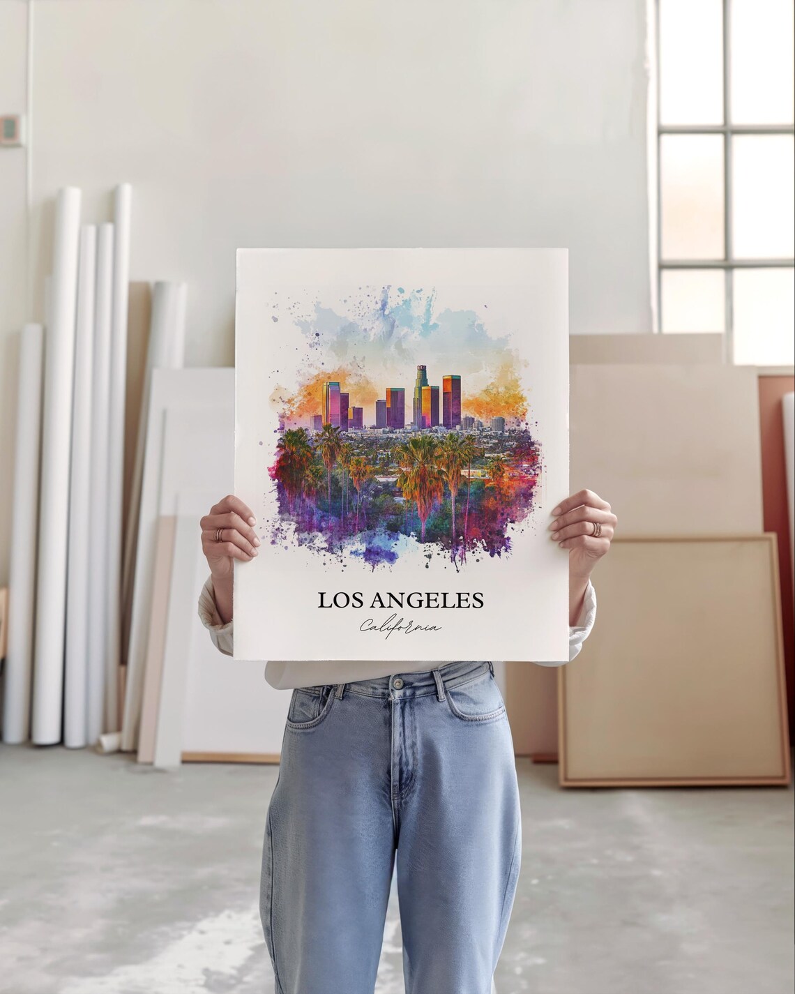 Los Angeles California Downtown Skyline Palms Watercolor Art Poster - Image 5