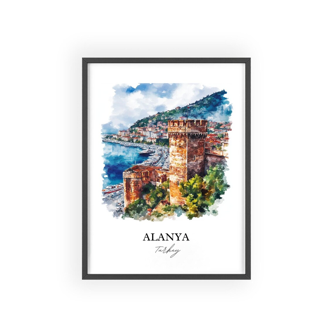 Alanya Turkey Watercolor Red Tower Castle Harbor Travel Poster - Image 2