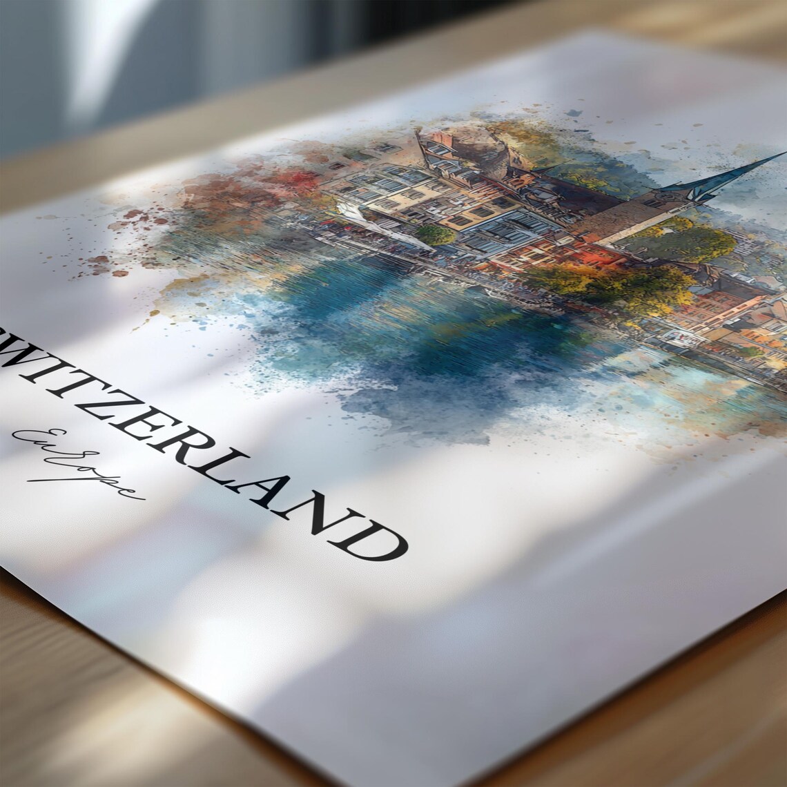 Switzerland Europe Lakeside Church Tower Watercolor Travel Poster - Image 6