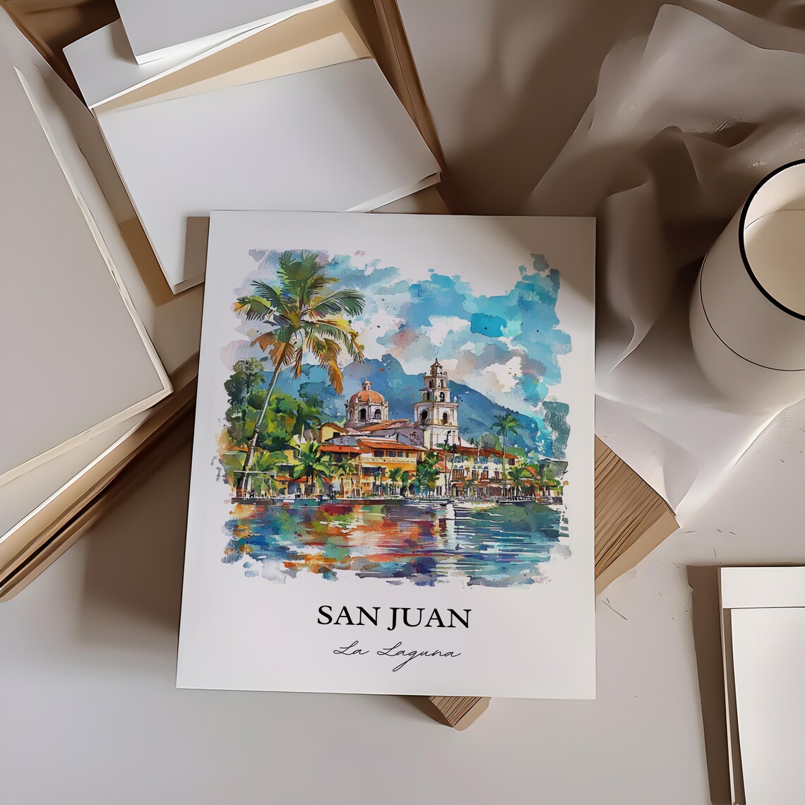 San Pedro La Laguna Guatemala Watercolor Church Volcano Town Poster - Image 4