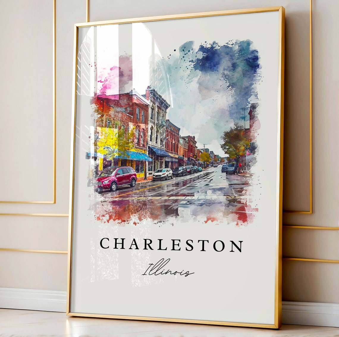 Charleston Illinois Watercolor Brick Street Downtown View Poster - Image 4