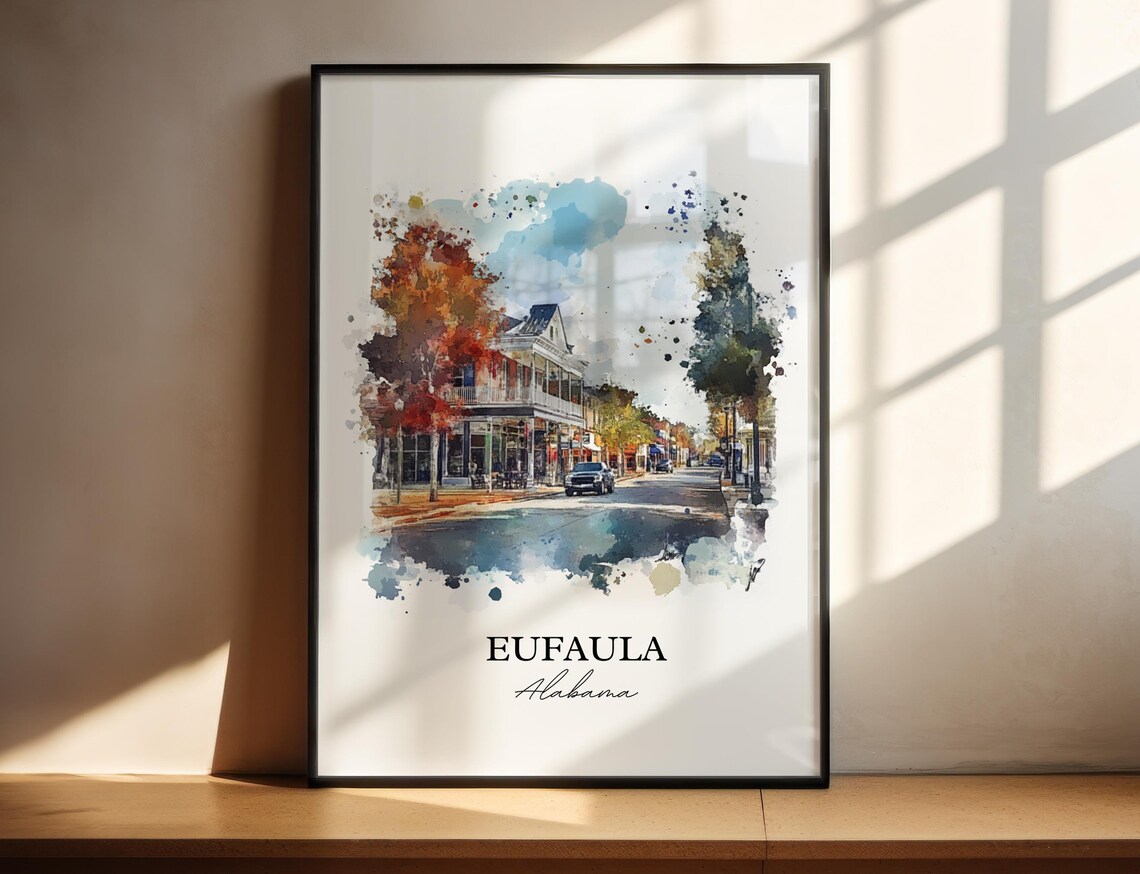 Eufaula Alabama Historic Main Street Autumn Watercolor Travel Poster